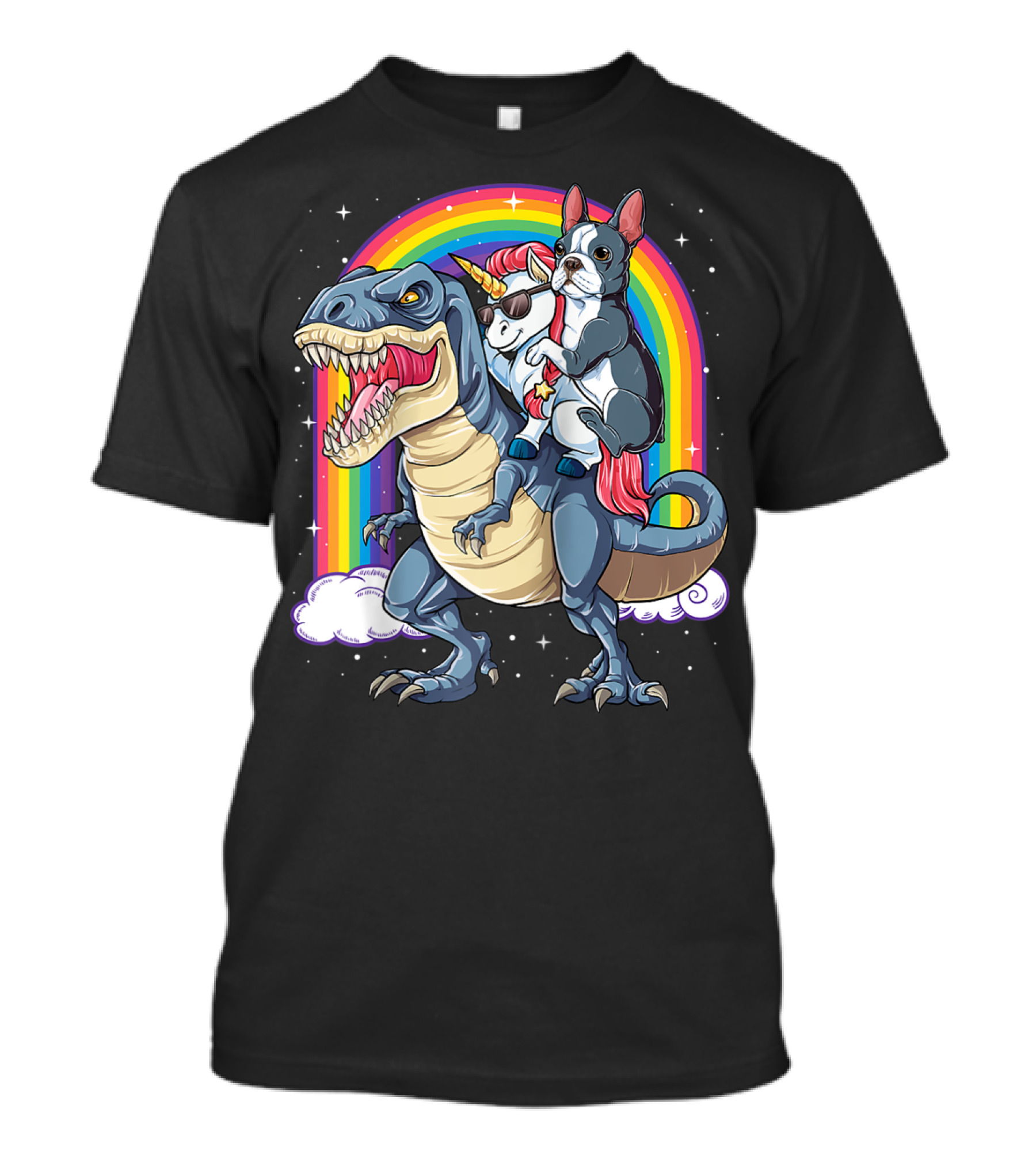 Boston Terrier And Unicorn Riding T-Rex T-Shirt