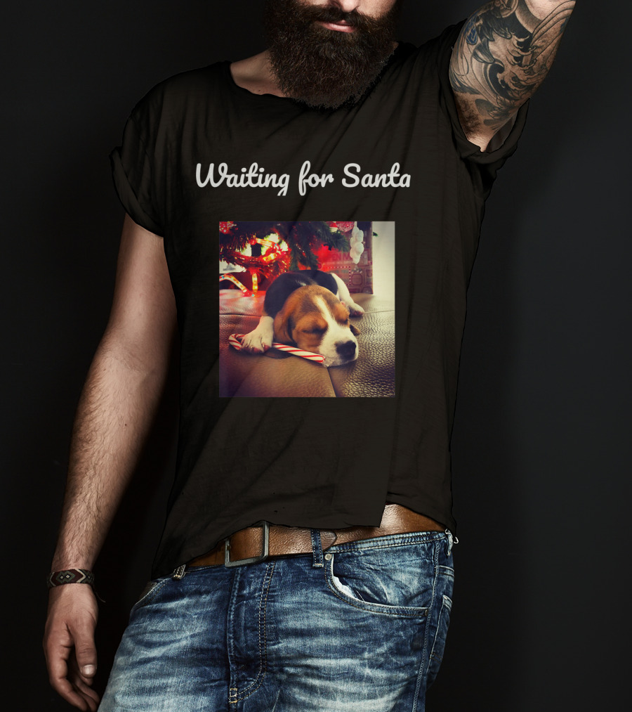 Waiting For Santa Cute Dog Under Christmas Tree With Candy Cane T-Shirt