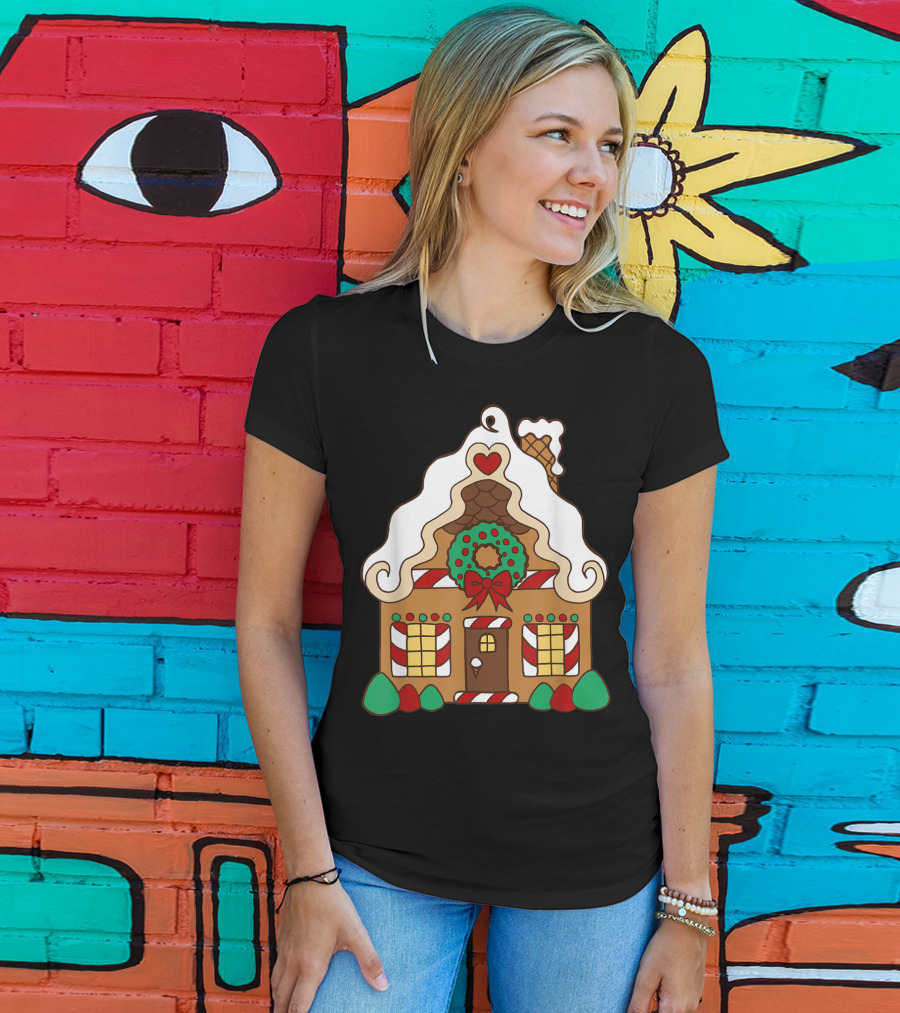 Christmas Gingerbread House With Candy Cane And Wreath T-Shirt