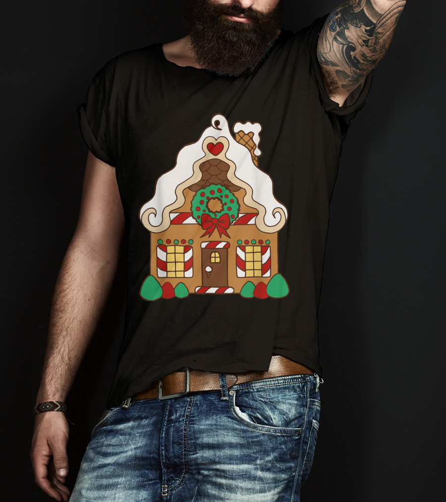 Christmas Gingerbread House With Candy Cane And Wreath T-Shirt