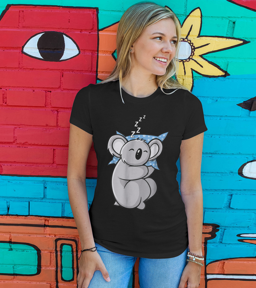 Cute Koala Bear Lazy Sleeping Animal With Blue Polka Dot Pillow T-Shirt