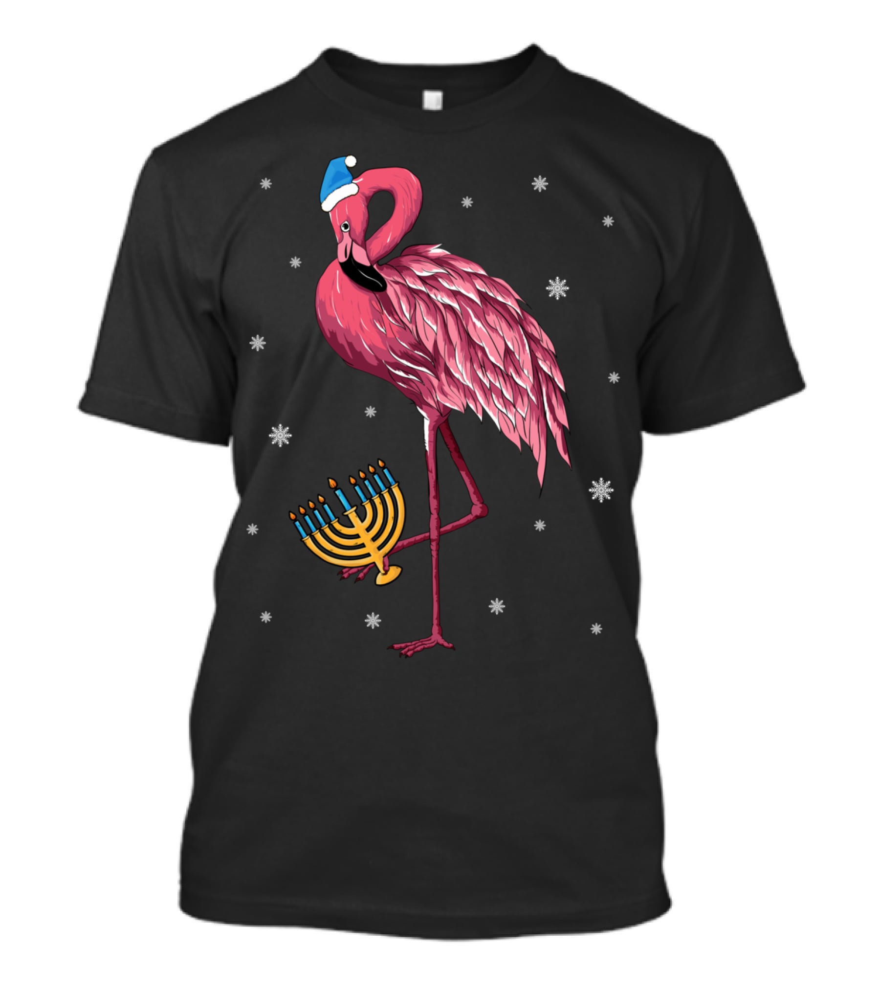 Cute Menorah Flamingo Hanukkah Chanukah With Snowflakes T-Shirt