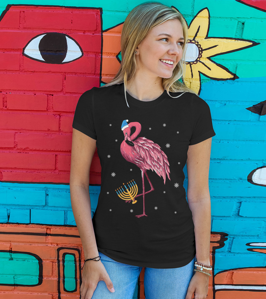 Cute Menorah Flamingo Hanukkah Chanukah With Snowflakes T-Shirt