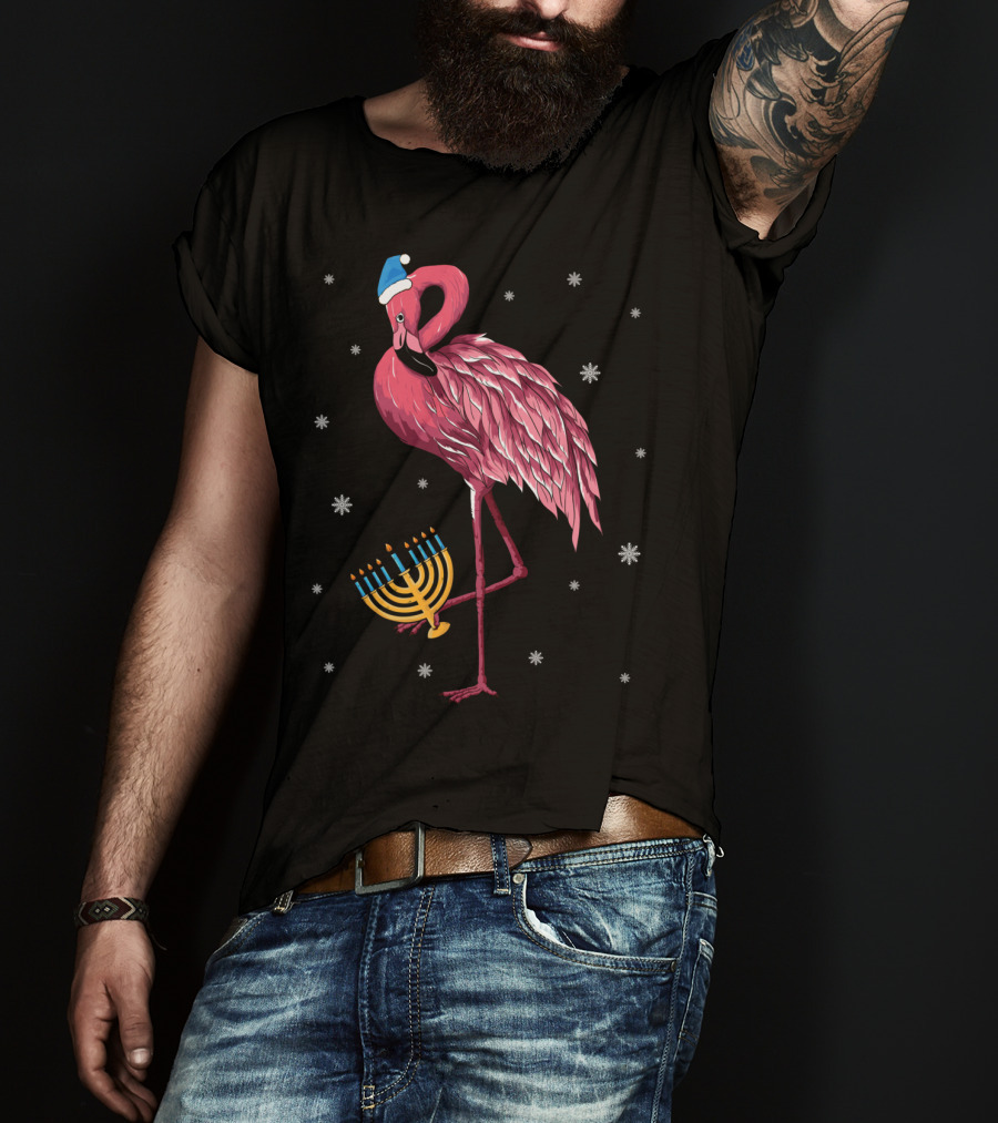 Cute Menorah Flamingo Hanukkah Chanukah With Snowflakes T-Shirt