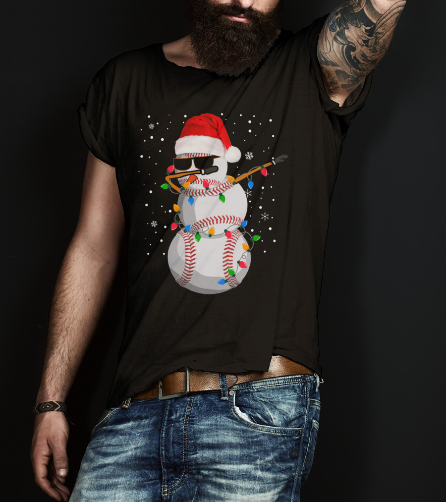 Dabbing Snowman Baseball Christmas Lights Santa Hat Sunglasses T-Shirt