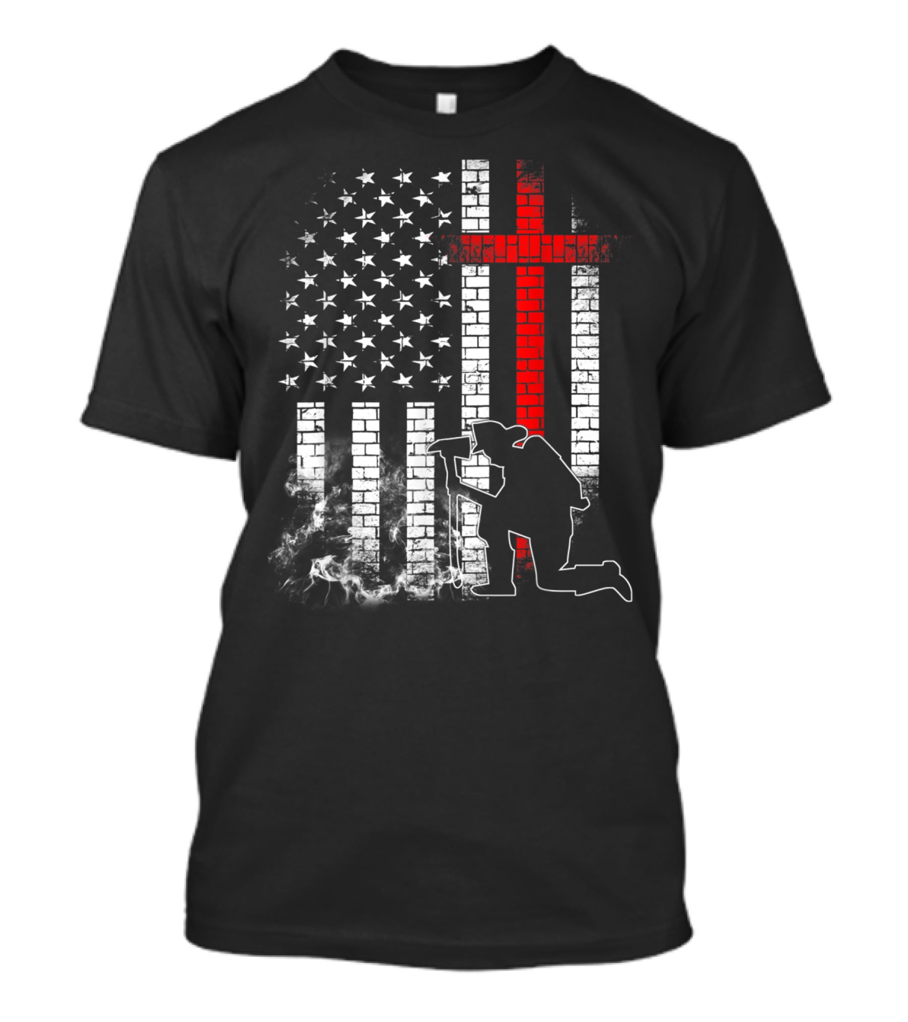 Fireman Kneeling With Axe Over American Flag And Thin Red Line Cross T-Shirt