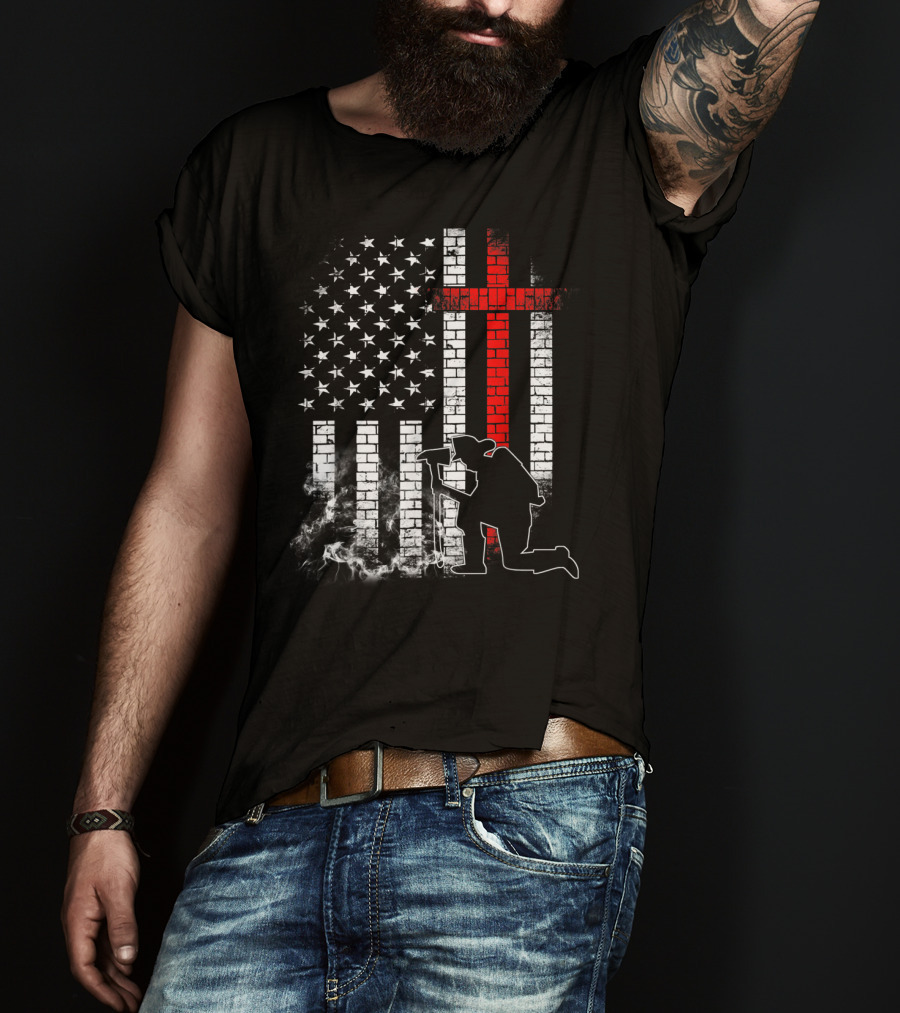 Fireman Kneeling With Axe Over American Flag And Thin Red Line Cross T-Shirt