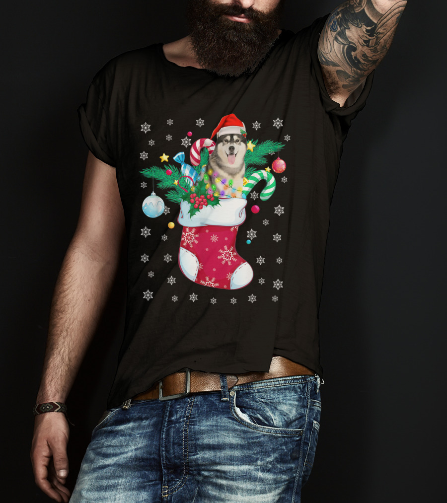 Christmas Siberian Husky With Santa Hat In Festive Sock T-Shirt