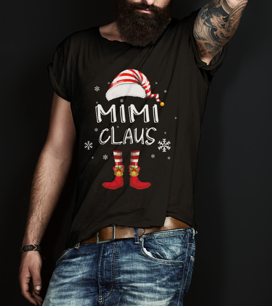 Mimi Claus Santa Hat Elf Boots Snowflakes Grandma T-Shirt