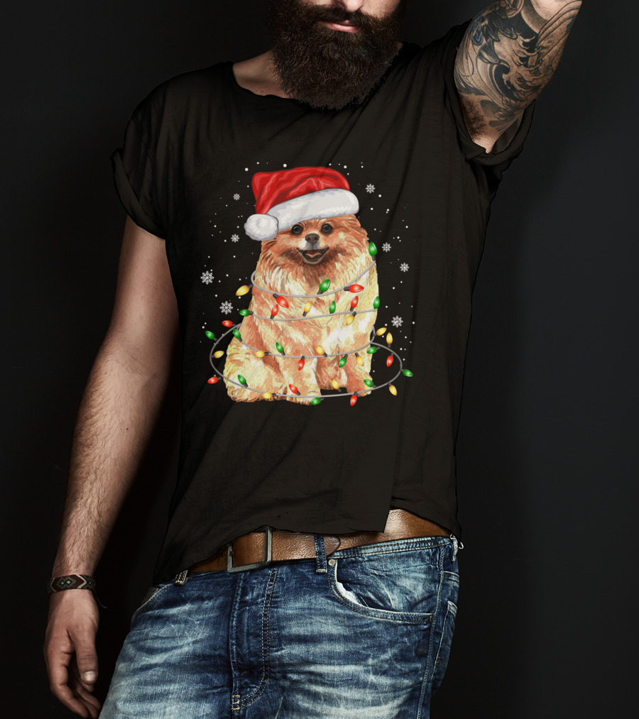 Pomeranian In Santa Hat With Christmas Lights And Snowflakes T-Shirt