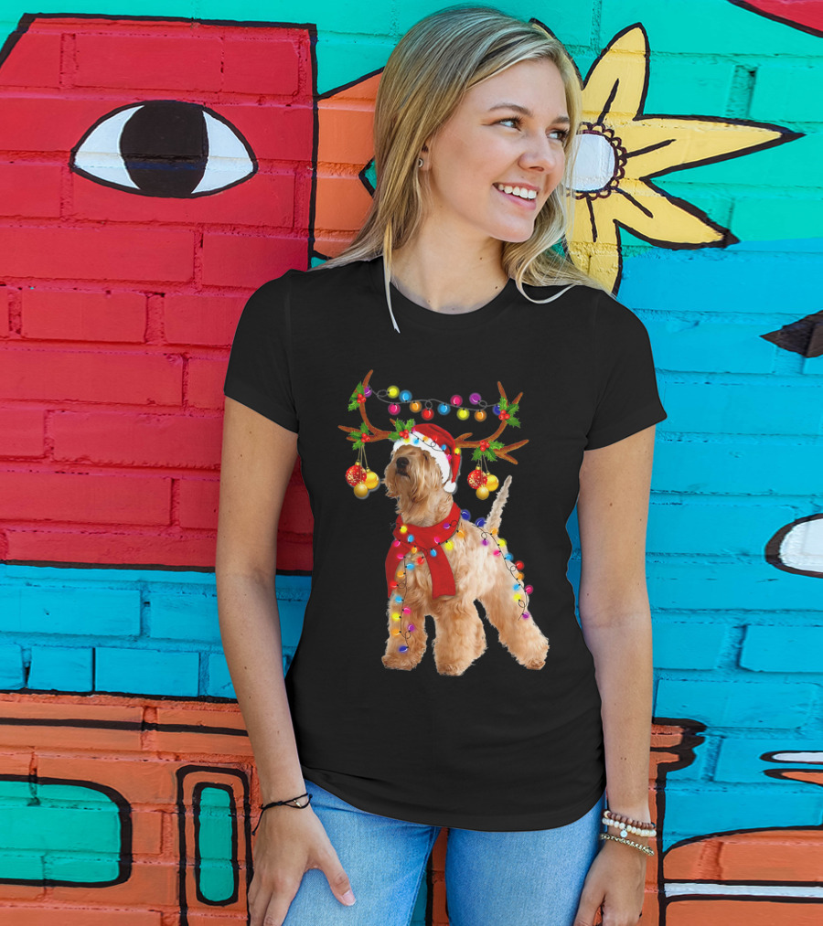 Wheaten Terrier Santa Reindeer With Festive Christmas Lights T-Shirt