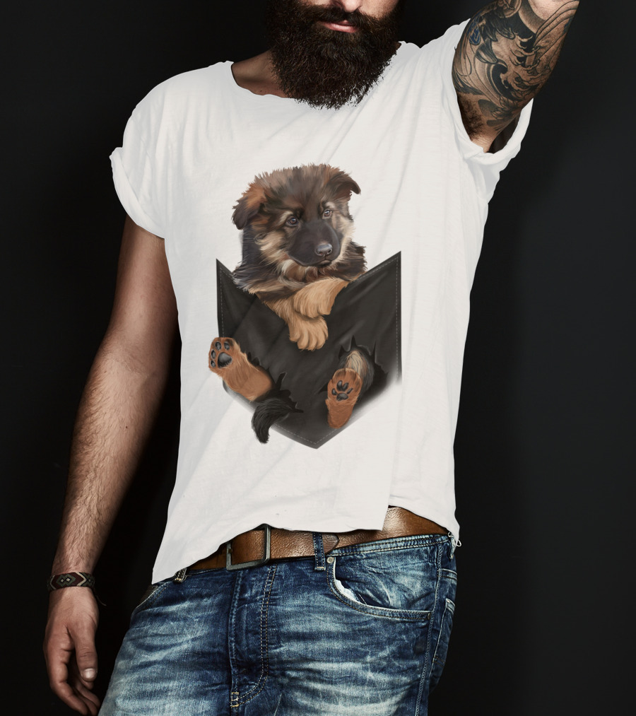 German Shepherd Puppy In Black Pocket T-Shirt