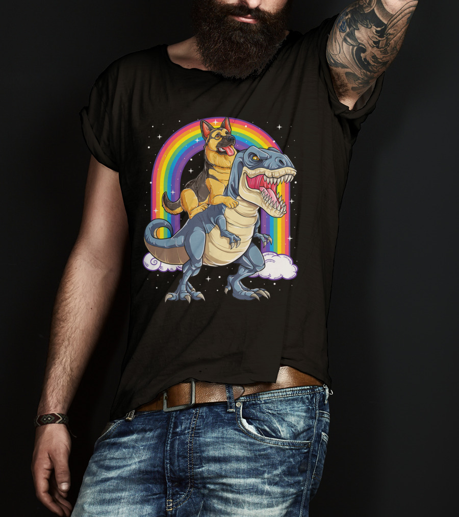 German Shepherd Riding Dinosaur Rex With Rainbow And Stars T-Shirt