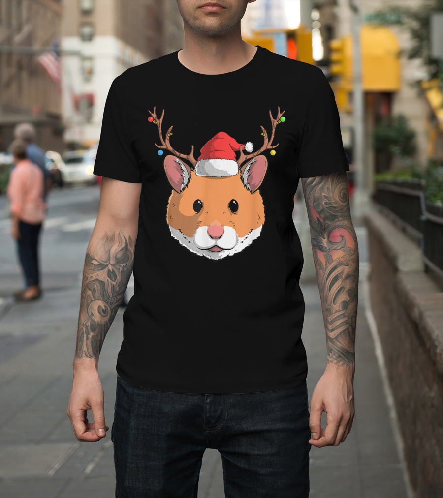 Hamster With Santa Claus Hat And Reindeer Antlers Christmas Holiday T-Shirt
