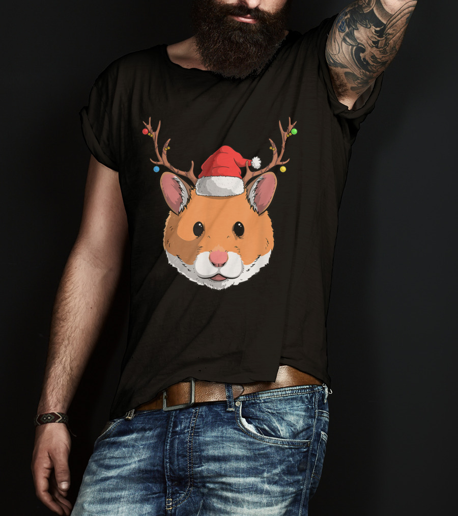 Hamster With Santa Claus Hat And Reindeer Antlers Christmas Holiday T-Shirt