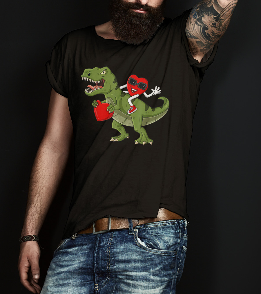 Heart Riding T-Rex Holding Valentines Day Hearts T-Shirt