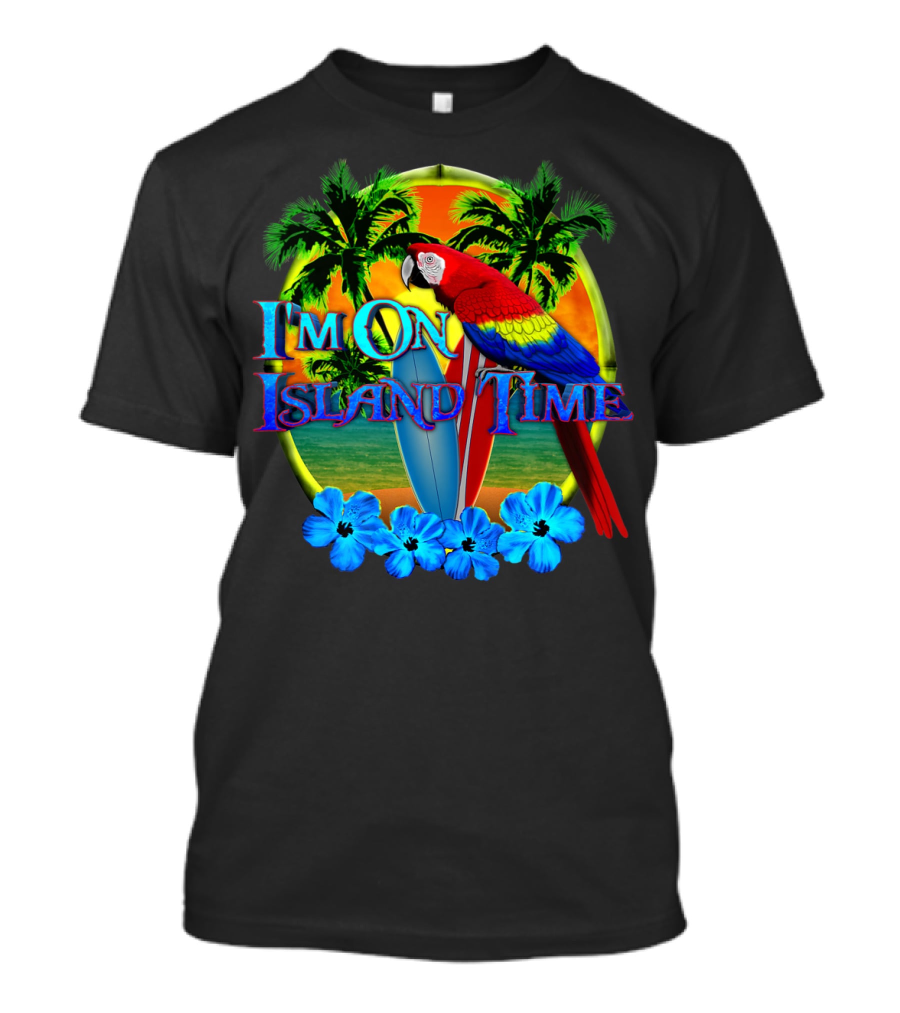 I'm On Island Time Parrot With Surfboards And Palm Trees Tropical Beach T-Shirt