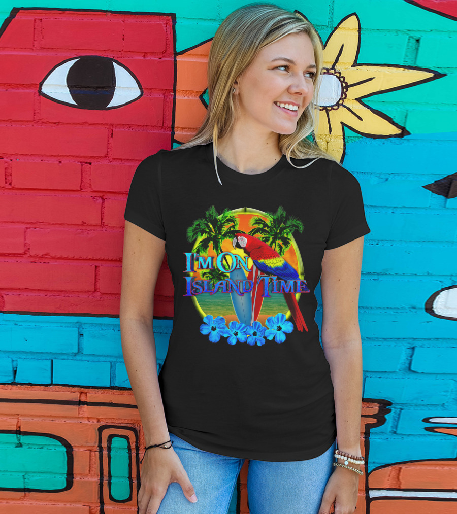 I'm On Island Time Parrot With Surfboards And Palm Trees Tropical Beach T-Shirt