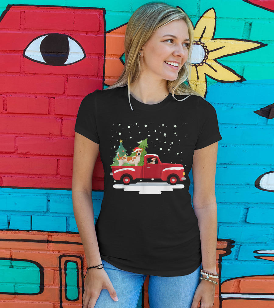 Jack Russell Terrier Santa Christmas Truck Holiday Scene Snowflakes And Trees T-Shirt