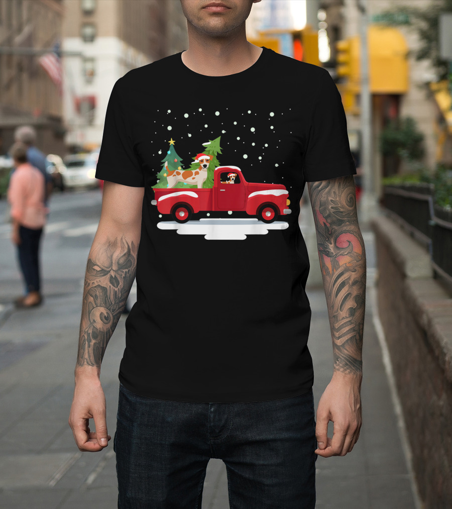 Jack Russell Terrier Santa Christmas Truck Holiday Scene Snowflakes And Trees T-Shirt
