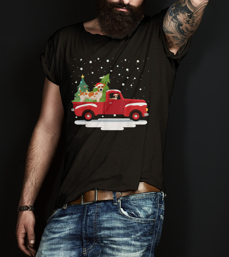 Jack Russell Terrier Santa Christmas Truck Holiday Scene Snowflakes And Trees T-Shirt