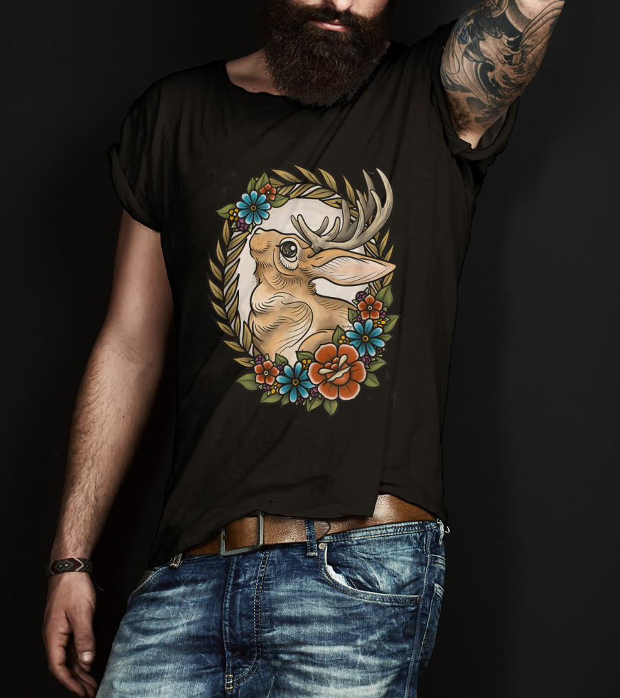 Jackalope Surrounded By Colorful Flowers And Leaves T-Shirt