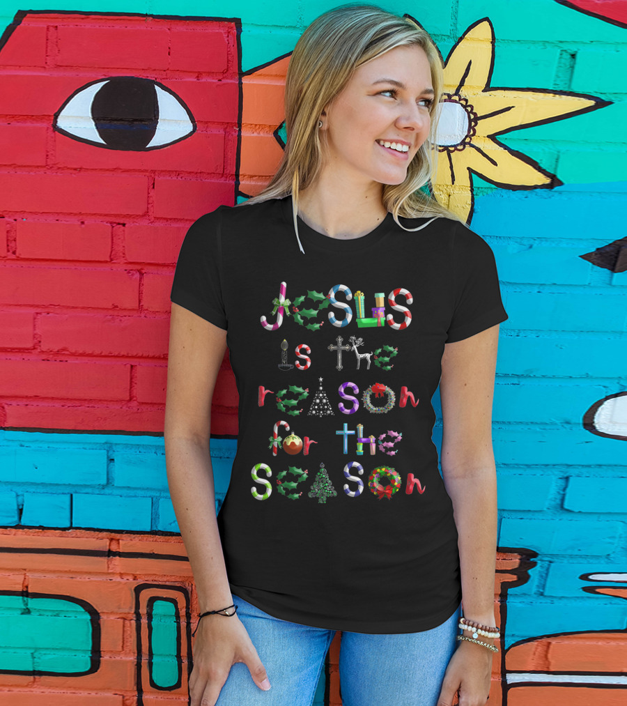 Jesus Is The Reason For The Season Christmas Symbols Candy Canes Holly Cross Reindeer Tree Bow T-Shirt