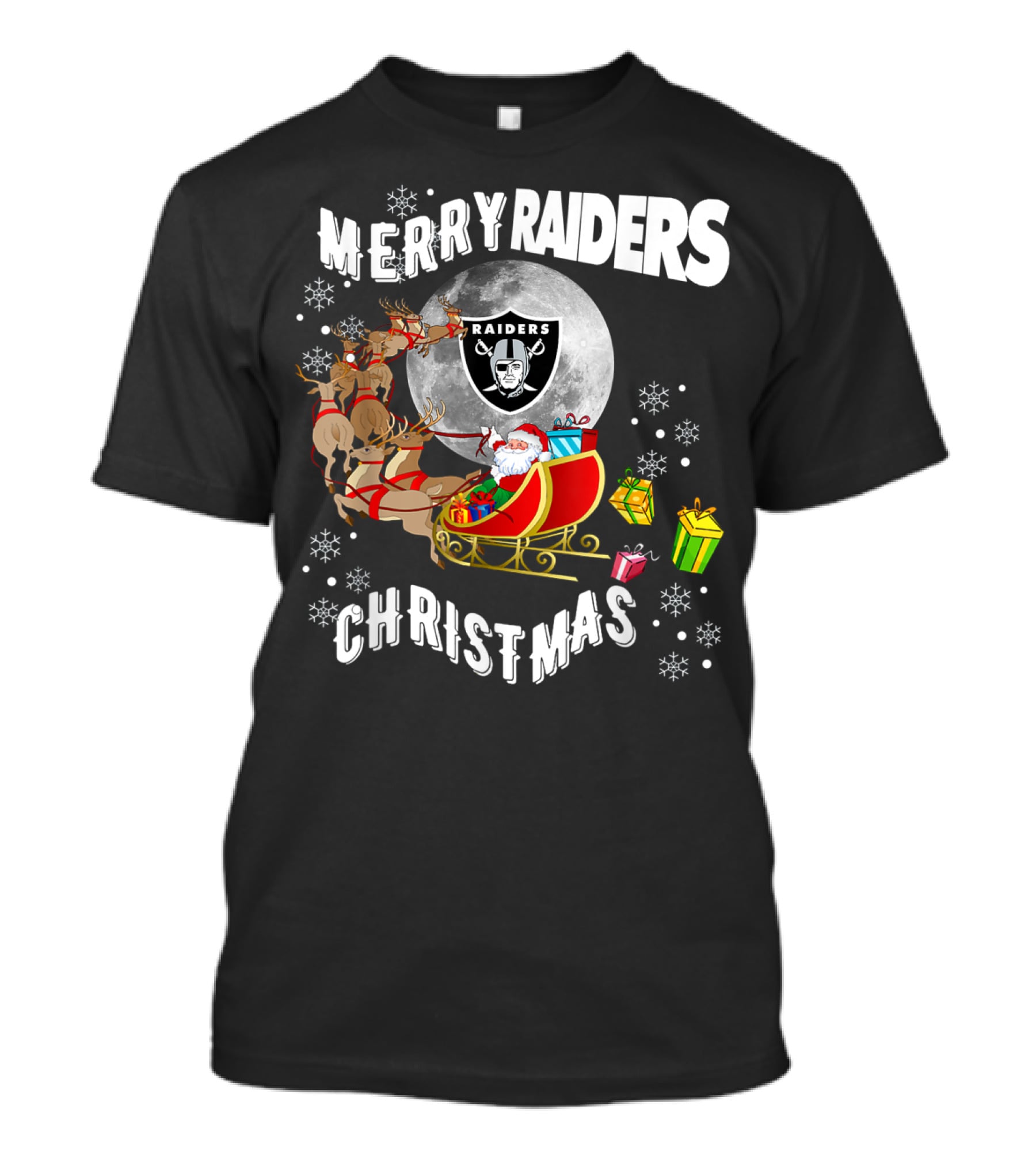 Merry Raiders Christmas Santa Sleigh Snowflakes Reindeer Presents T-Shirt