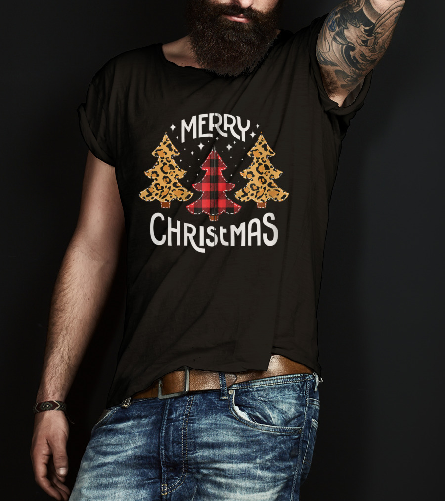 Merry Christmas Leopard And Red Buffalo Plaid Trees T-Shirt