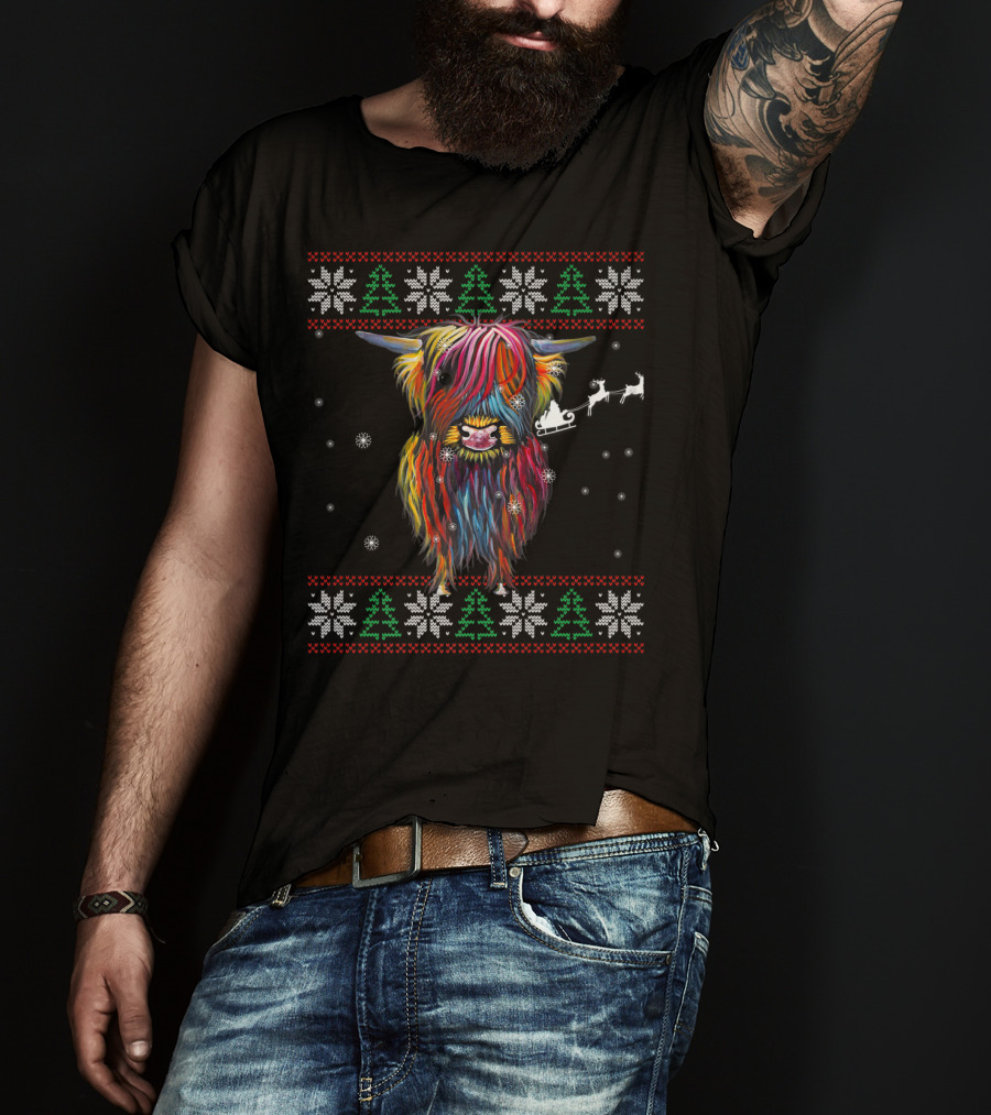 Festive Rainbow Highland Cow With Santa Sleigh And Snowflakes Christmas T-Shirt