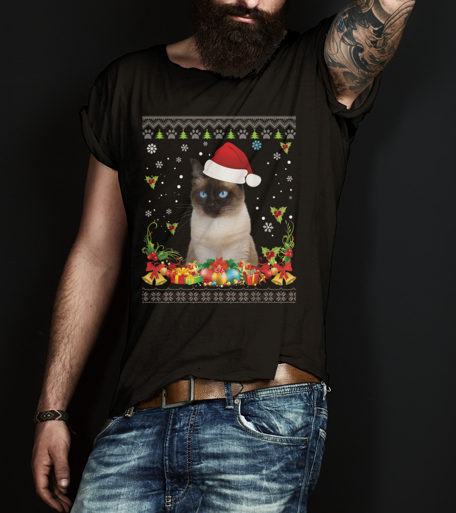 Merry Christmas Siamese Cat UglySweater Santa Hat Snowflake Ornaments T-Shirt