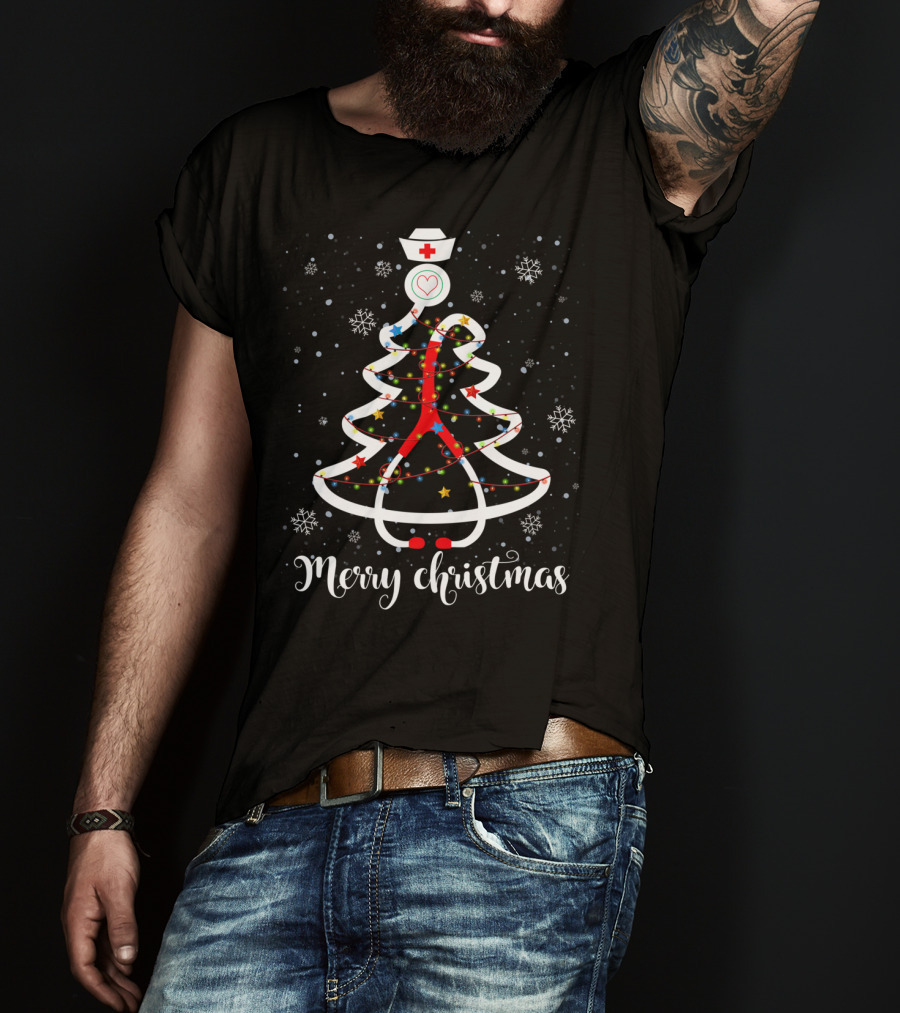 Merry Christmas Nurse Stethoscope Tree With Snowflakes And Stars T-Shirt
