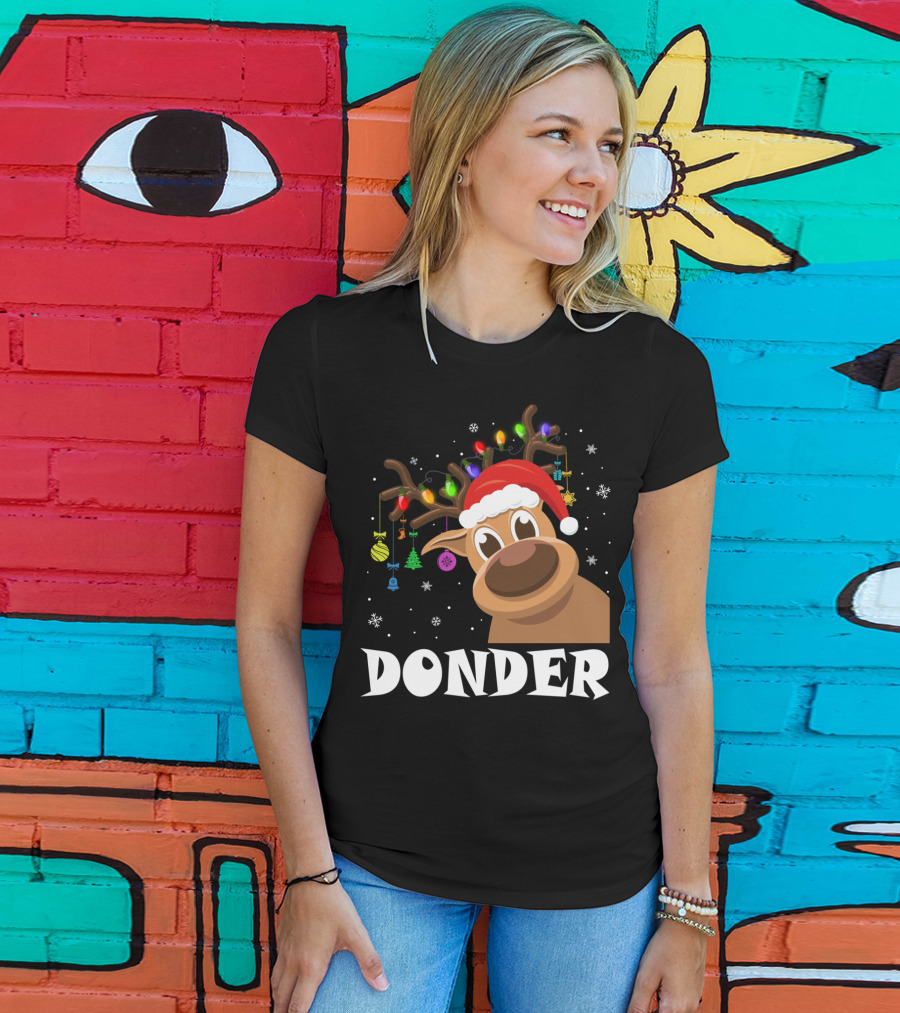 Santa Reindeer Donder Xmas Lights And Ornaments T-Shirt
