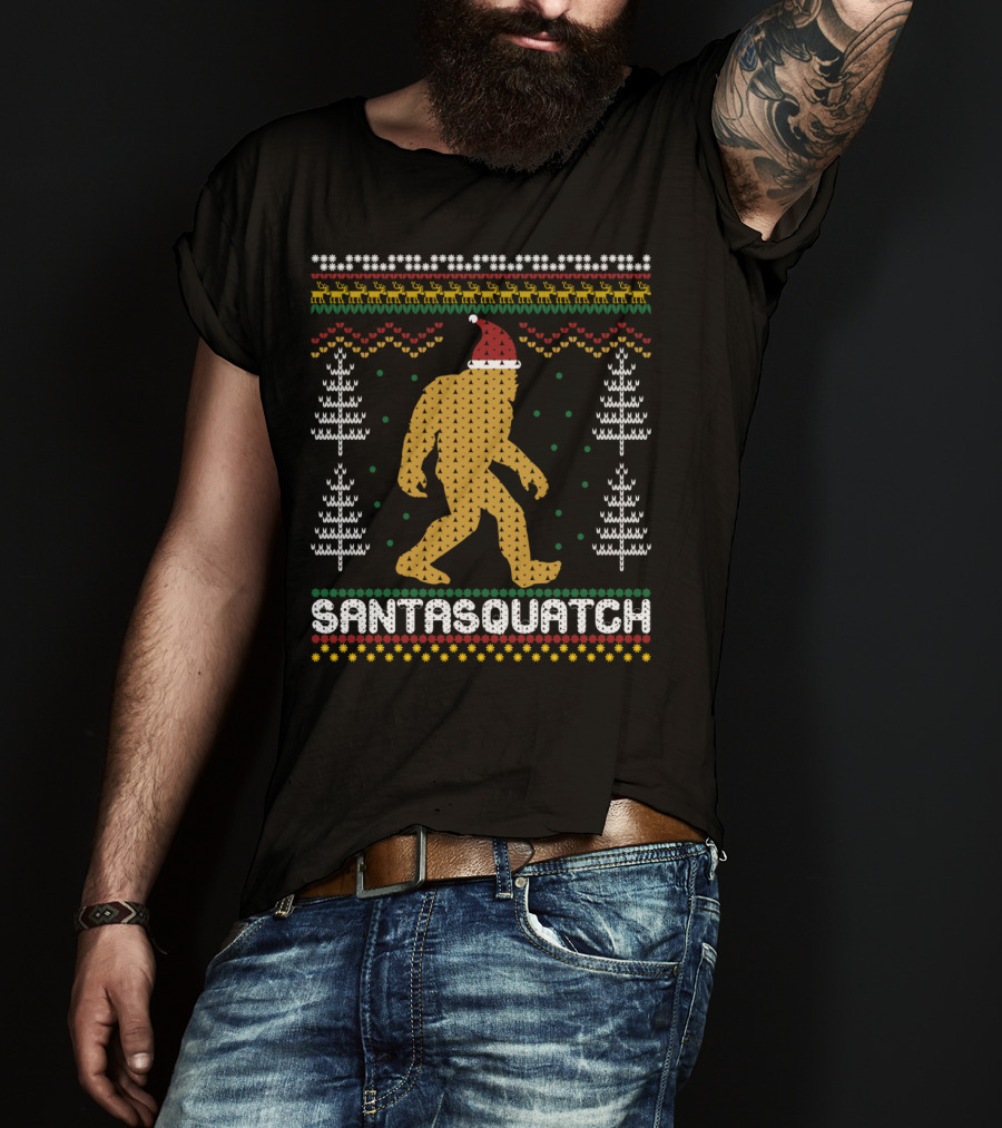 Santasquatch Bigfoot Christmas Sweater Pattern With Santa Hat And Trees T-Shirt