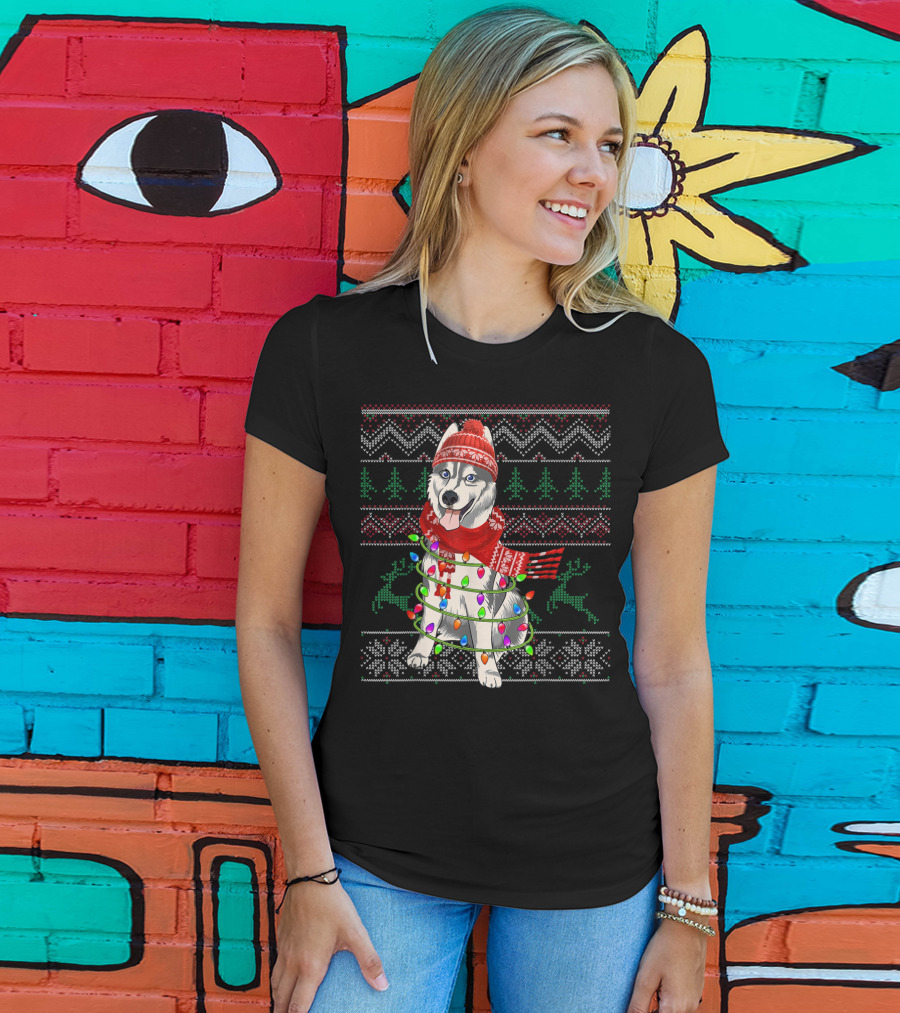 Siberian Husky Christmas Lights Holiday T-Shirt