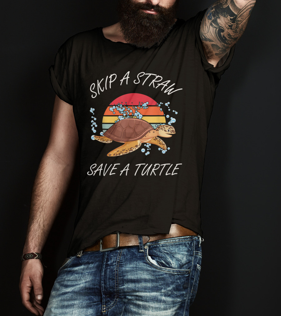 Skip A Straw Save A Turtle Vintage Sunset Turtle Ocean Conservation T-Shirt