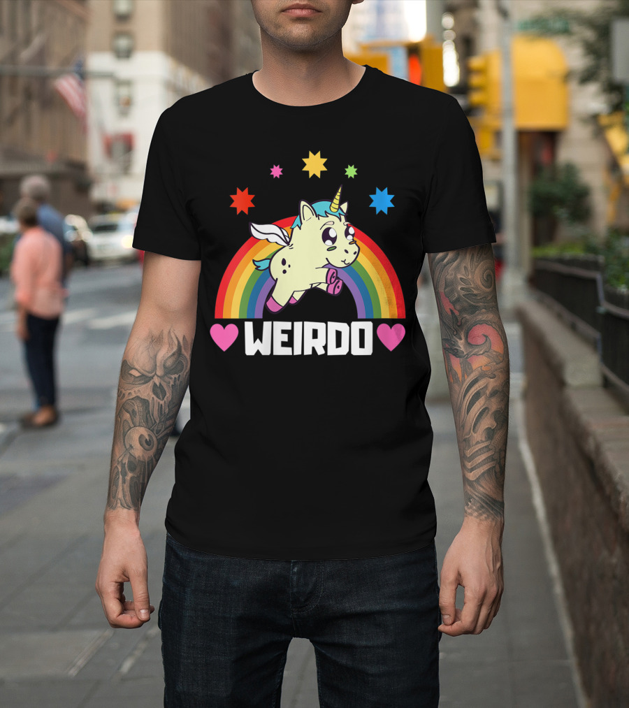 Weird Funny Weirdo Outcast Unicorn Rainbow Hearts Stars T-Shirt