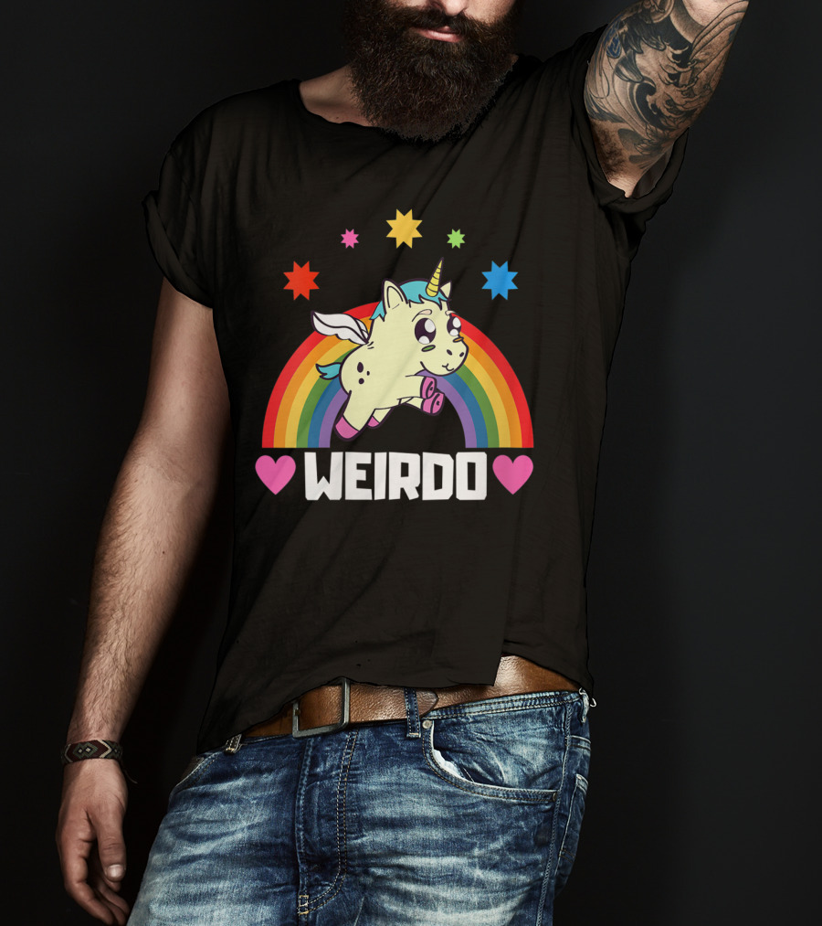 Weird Funny Weirdo Outcast Unicorn Rainbow Hearts Stars T-Shirt
