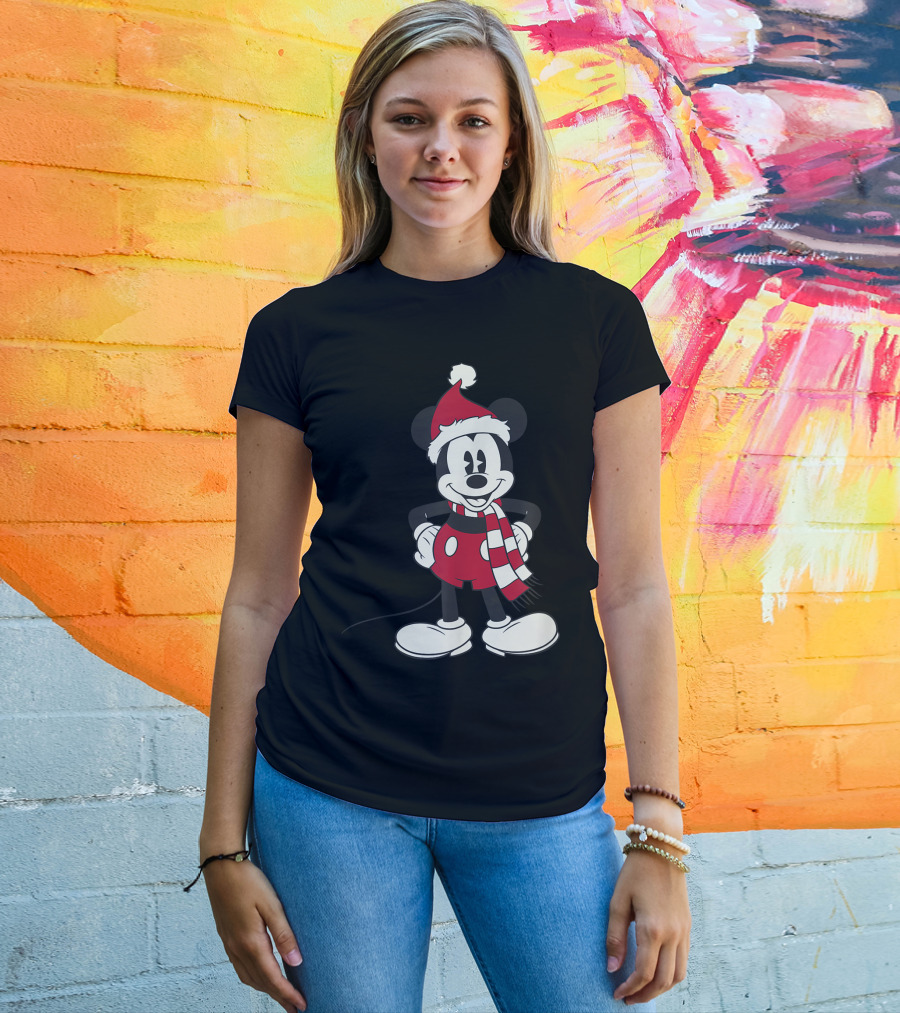 Disney Mickey Mouse Santa Hat And Scarf T-Shirt