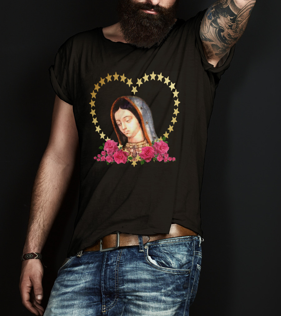 Our Lady Of Guadalupe Mexican Virgin Mary With Gold Stars And Roses T-Shirt