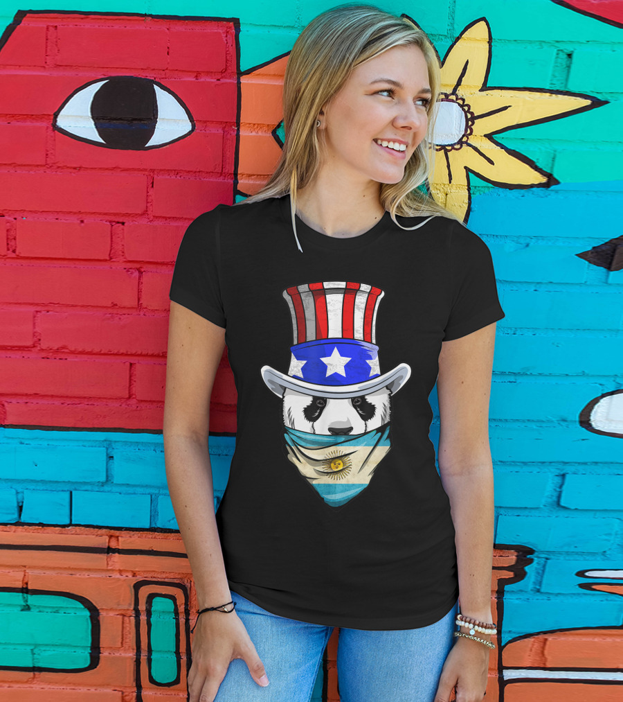 Argentinian Panda Bear In Argentina Bandana Flag With Uncle Sam Hat T-Shirt