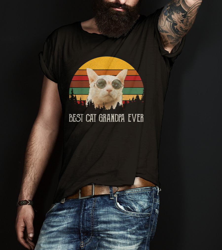 Best Cat Grandpa Ever Retro Cat With Sunglasses And Trees Vintage Sunset T-Shirt