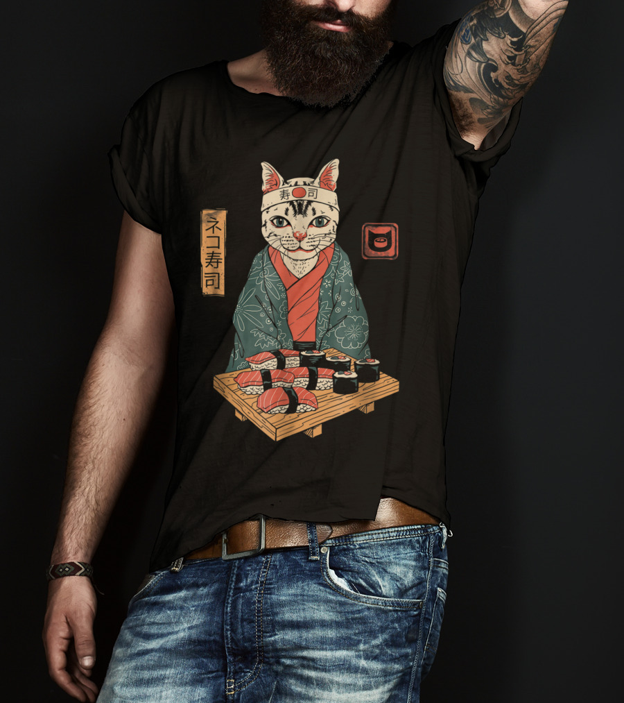 Neko Sushi Cat Chef In Kimono With Sushi Platter T-Shirt