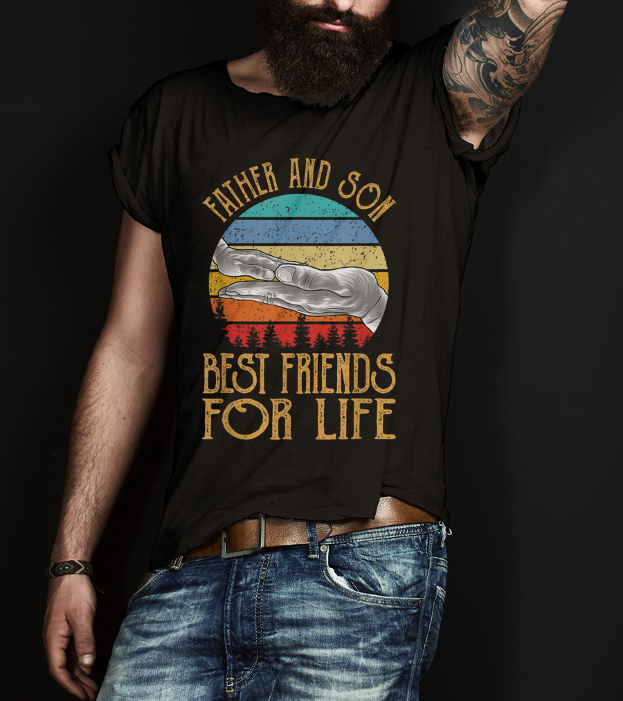 Father And Son Best Friends For Life Vintage Hands Retro Stripes T-Shirt