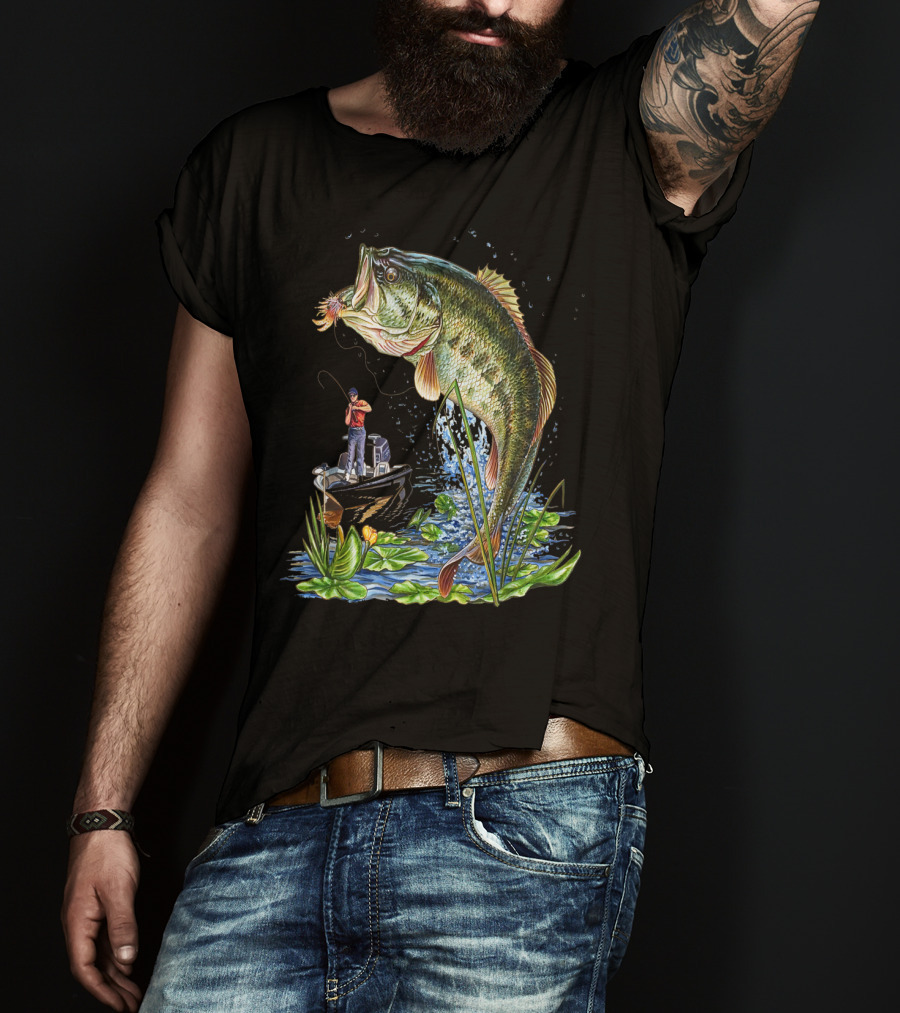 Fishing Large Mouth Bass Catching Scene With Angler And Boat T-Shirt