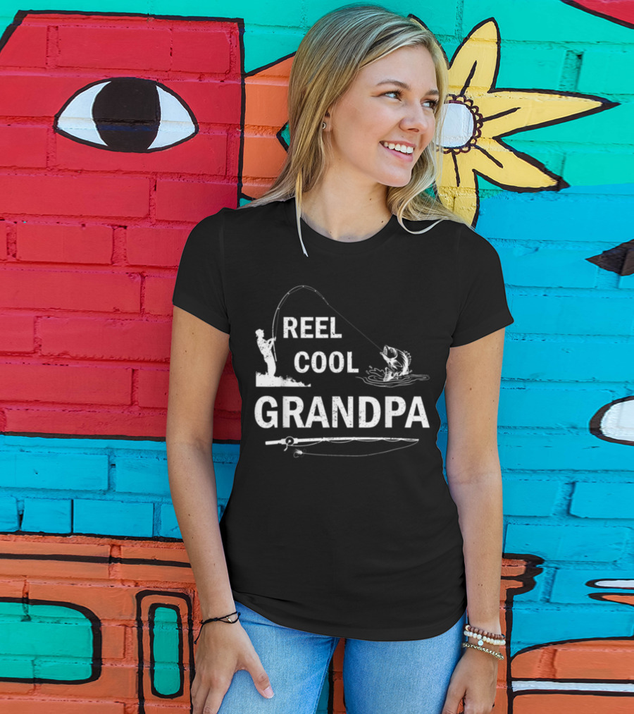 Reel Cool Grandpa Fishing Silhouette With Rod And Fish T-Shirt