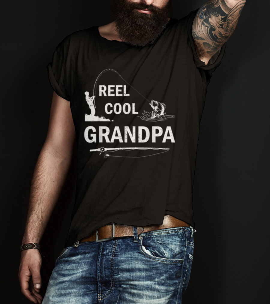 Reel Cool Grandpa Fishing Silhouette With Rod And Fish T-Shirt