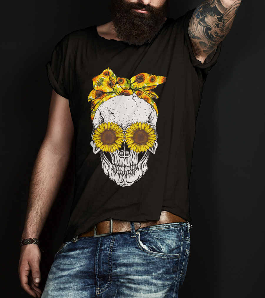Skull With Sunflower Glasses And Floral Headband T-Shirt