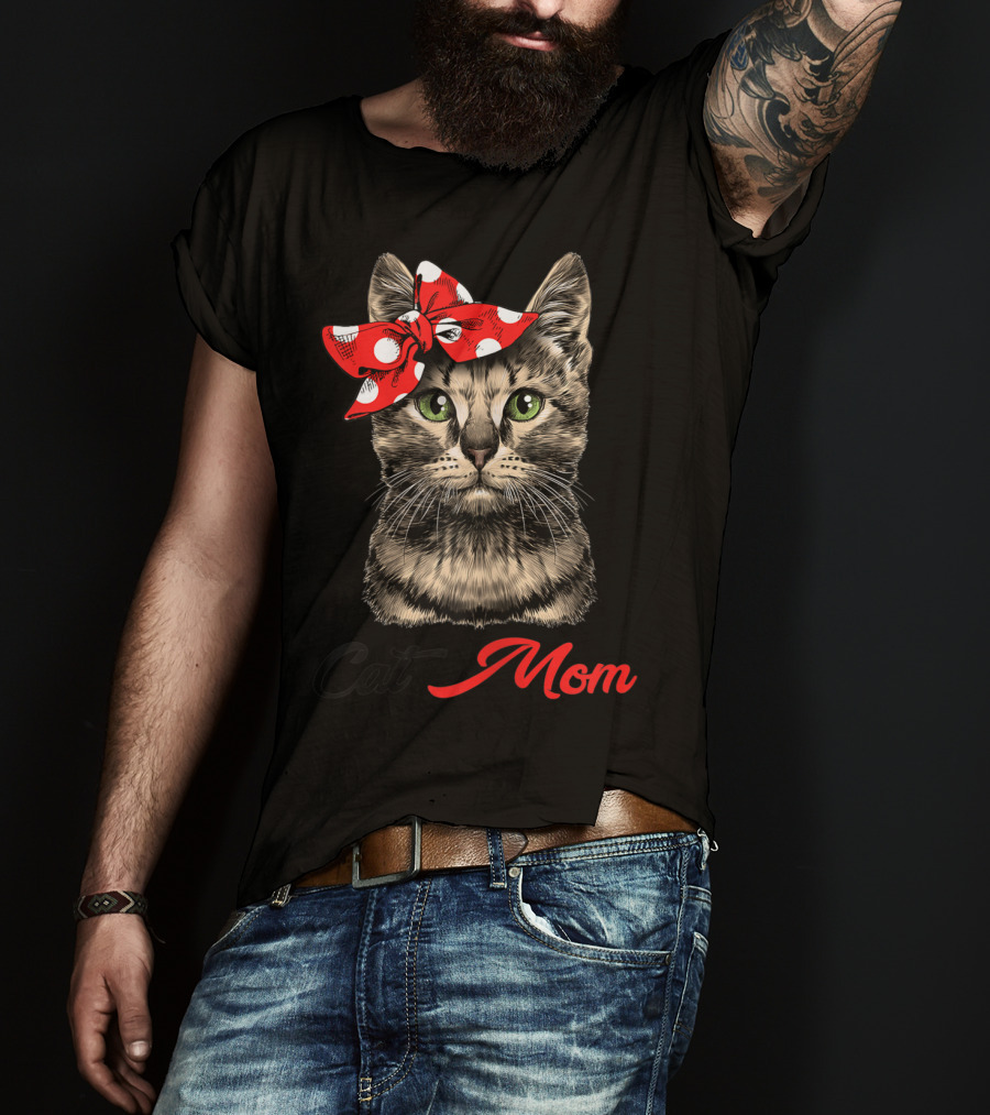 Cat Mom For Cat Lovers With Polka Dot Bow T-Shirt