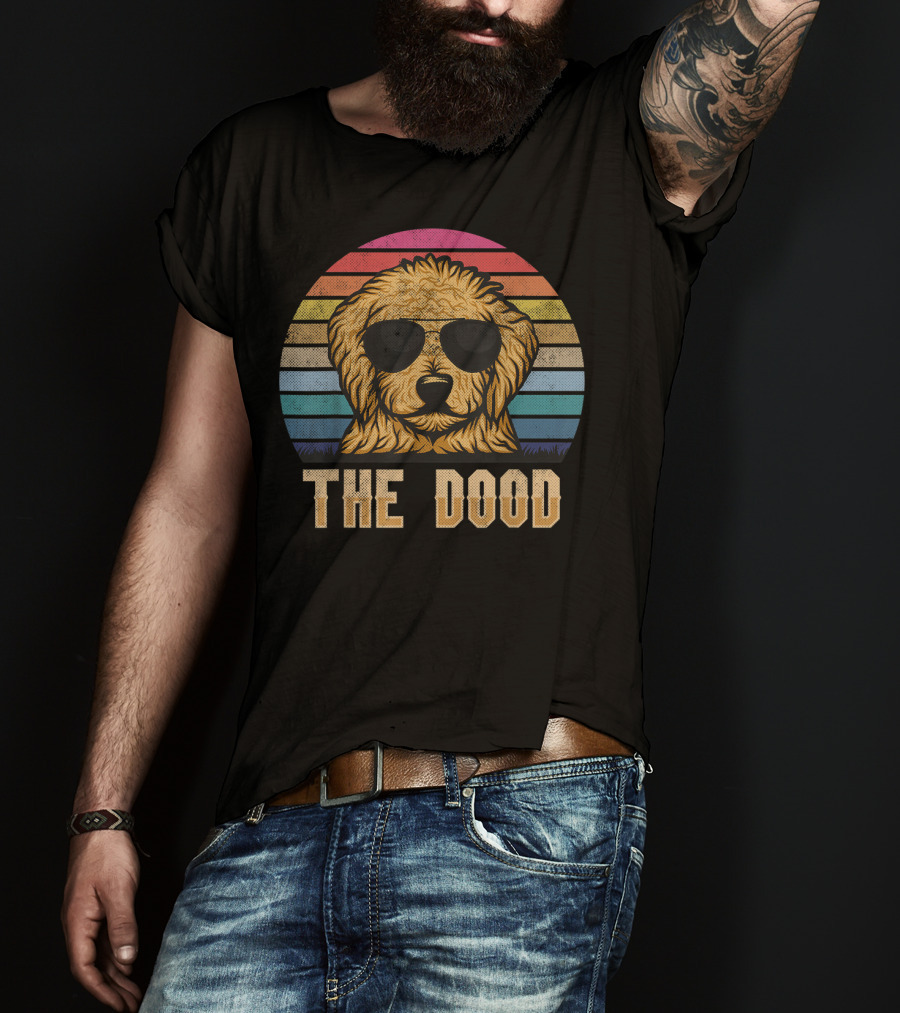 Retro Vintage Goldendoodle The Dood Dad Sunglasses Rainbow Stripes T-Shirt